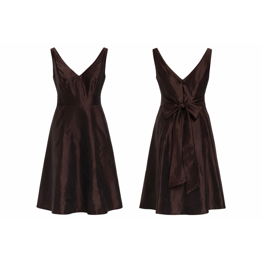 Ann Taylor Satin Cocktail Dress Womens Size 6 Brown V Neck Bow Back Formal Party